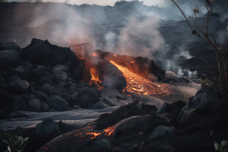 close-up of lava flowing from the volcano, with smoke and ash in the background, created with generative aiの素材