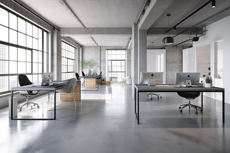 a modern office setting with sleek, minimalistic industrial furniture and concrete floors, created with generative aiの素材