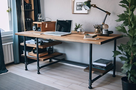 retro-style desk, with industrial pipe legs and black metal top, in modern office, created with generative aiの素材