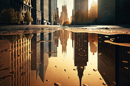puddle with reflection of modern buildings and towering skyscrapers in the background, created with generative aiの素材