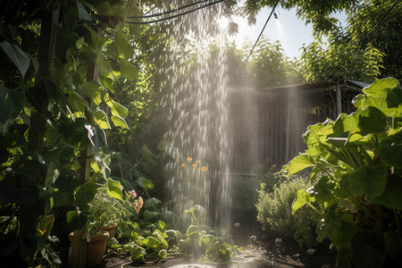 sprinkler system, sprinkling water onto lush garden and climbing vines, created with generative aiの素材