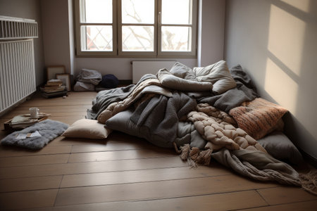 soft blankets and cushions arranged to form cozy bed on floor, created with generative aiの素材