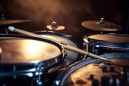 classical electronic drumsticks and drums, with dramatic close-up shot of instruments in action, created with generative aiの素材
