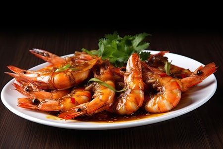plate of tiger shrimp prawns drenched in tangy sauce, created with generative aiの素材