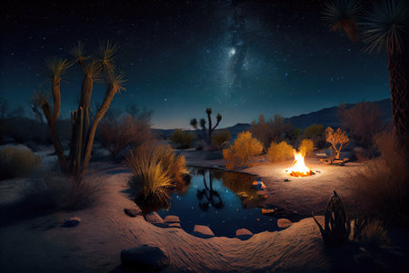 desert oasis with campfire and singing, surrounded by starry night sky, created with generative aiの素材