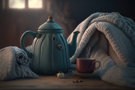 teapot with cozy blanket and mug on a cold winter day, created with generative aiの素材