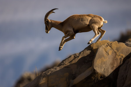 ibex leaping from cliffside, its legs and hooves a blur, created with generative aiの素材