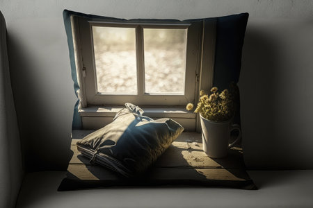 pillow on window sill, with view of sun shining through the window, created with generative aiの素材