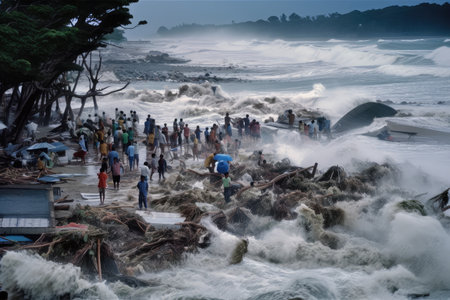 view of tsunami crashing onto shore, with people fleeing the surging water and debris, created with generative aiの素材