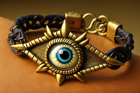 evil eye bracelet made of interwoven leather and brass, with star charm, created with generative aiの素材