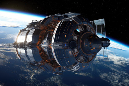 a futuristic space station with flashing lights and sleek design, orbiting the earth, created with generative aiの素材