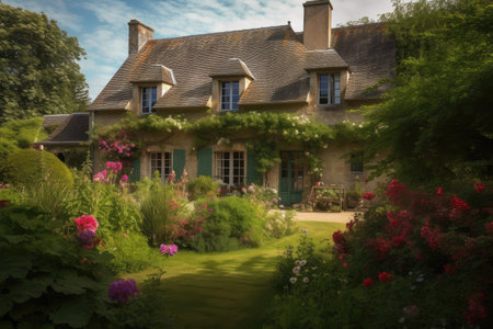 french country house, surrounded by blooming flowers and green foliage, created with generative aiの素材