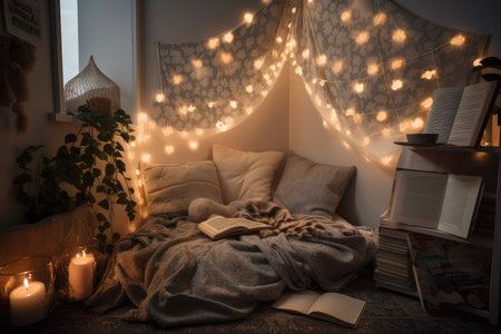 a cozy reading nook with soft blankets and pillows, created with generative aiの素材