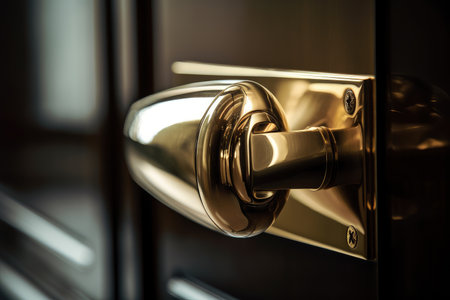 close-up shot of brass door handle, with polished and shiny surface visible, created with generative aiの素材