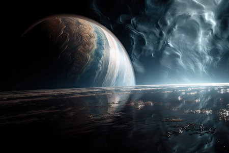 close-up of exoplanet, with massive storm system raging across the surface, created with generative aiの素材