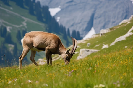 ibex grazing on lush green grass in an idyllic mountain meadow, created with generative aiの素材