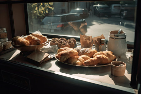 drive-thru window filled with coffee, pastries, and other morning essentials, created with generative aiの素材