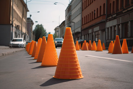 traffic cones arranged in geometric pattern on the street, created with generative aiの素材
