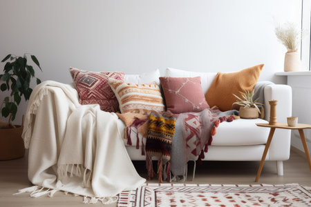 a colorful and cozy arrangement of blankets and cushions on a white sofa, created with generative aiの素材