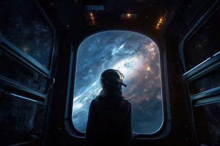 person, looking out of window of spaceship, with view of the stars and planets, created with generative aiの素材