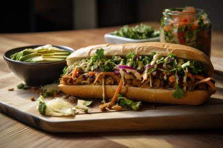 fast-casual restaurant with diverse menu of vegan and vegetarian stir-frys, sandwiches, and wraps, created with generative aiの素材