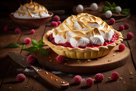 traditional dessert raspberry tyrolean pie with meringue on wooden table, created with generative aiの素材