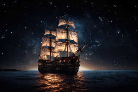 pirate ship, sailing through peaceful moonlit night, surrounded by stars, created with generative aiの素材