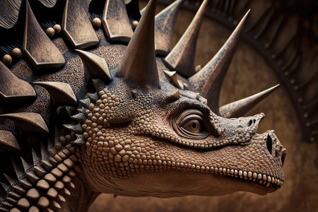 close-up of the head and face of stegosaurus, with its distinctive plates and teeth visible, created with generative aiの素材