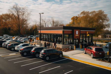 drive-thru with queue of customers waiting to be served, created with generative aiの素材