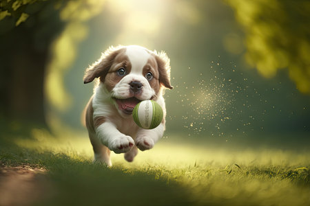 cute puppy playing fetch with ball in the park, created with generative aiの素材