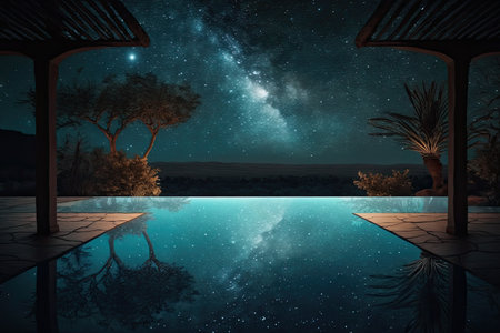 swimming pool with view of the night sky, stars shining above, created with generative aiの素材