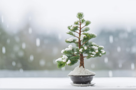 miniature christmas tree on windowsill, with view of snowy winter landscape, created with generative aiの素材