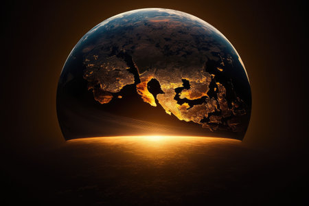 a close-up of the sun peeking over the horizon, illuminating a globe, created with generative aiの素材