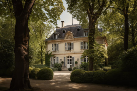 majestically towering trees surround french country house exterior, with glimpses of the home visible through the branches, created with generative aiの素材