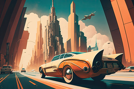 a vintage car driving through a futuristic city, with towering skyscrapers in the background, created with generative aiの素材