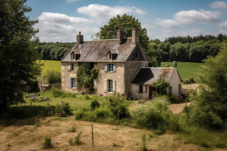 french country house, with view of the rolling hills and pastures, surrounded by fields and forests, created with generative aiの素材