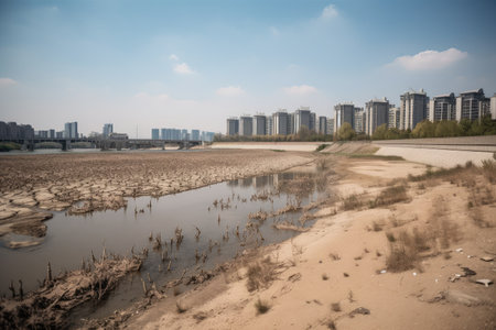 drought-stricken city, with dried up river and empty reservoirs, created with generative aiの素材