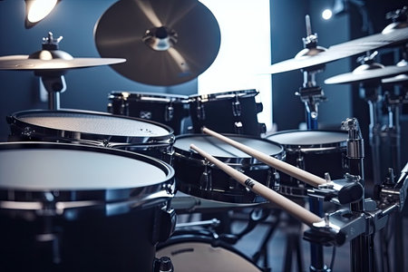 electronic drumsticks and electronic drum set in modern, stylish environment, created with generative aiの素材