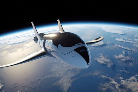 space tourism flight, with view of planet earth below, created with generative aiの素材