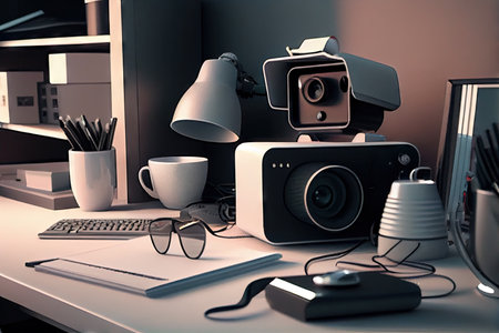 security camera recording an office break-in, with thieves stealing valuable equipment and files, created with generative aiの素材