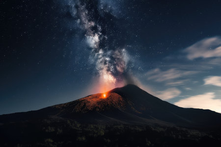 volcanic eruption with view of the night sky, stars shining in the distance, created with generative aiの素材