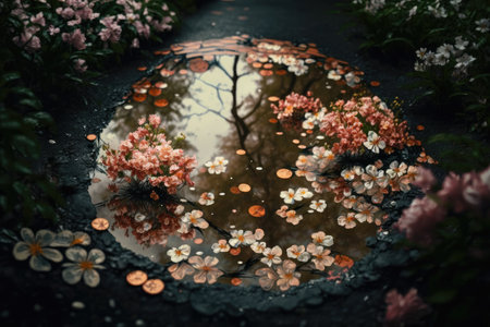 puddle surrounded by blooming flowers after a rainy day, created with generative aiの素材