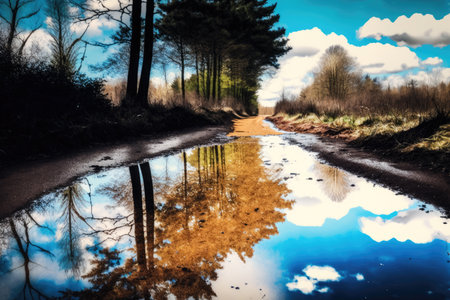 puddle with reflections of the sky and trees on a quiet forest trail, created with generative aiの素材