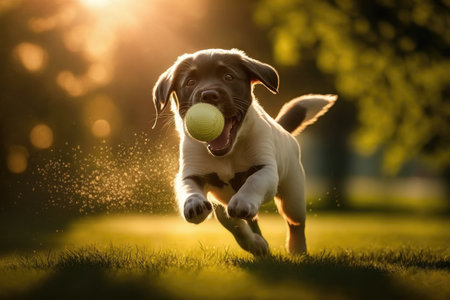cute puppy playing fetch with ball on sunny day, created with generative aiの素材