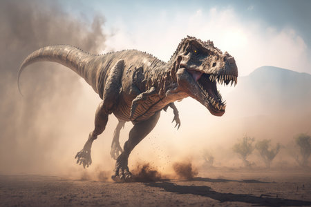 tyrannosaurus rex running on dusty plain, its long tail swinging behind it, created with generative aiの素材