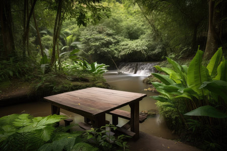 a wooden table surrounded by lush greenery, with a stream in the background, created with generative aiの素材