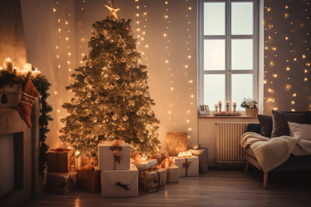 warm, cozy room with beautifully decorated tree, shining twinkling lights and presents, created with generative aiの素材