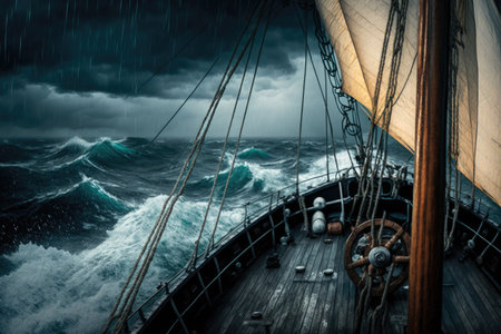 sea voyage sailing in a storm on deck against background of dark sky and falling rain, created with generative aiの素材