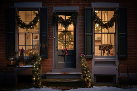 home, with lanterns and wreath on the front window, and presents visible inside, created with generative aiの素材