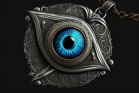 evil eye amulet, with a silver chain and blue stone on black background, created with generative aiの素材